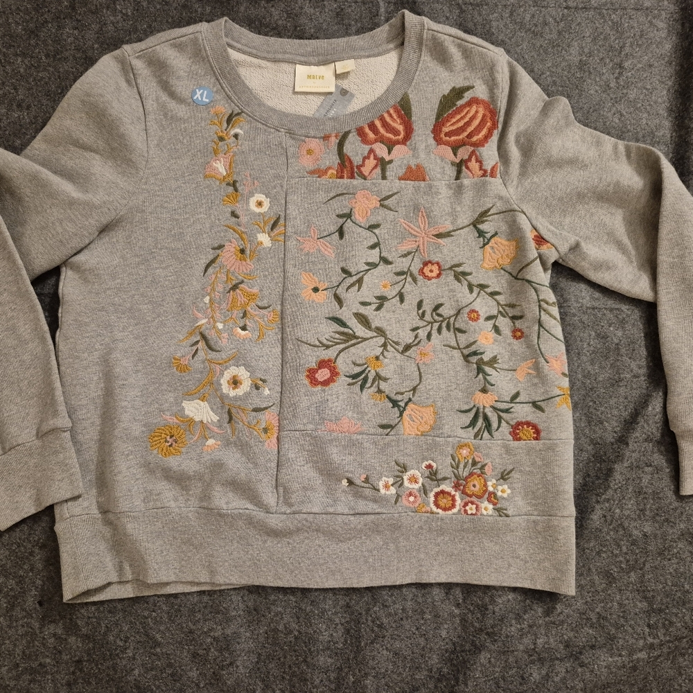 Anthropologie Grey Sweatshirt with Pink & Red Floral Embroidery